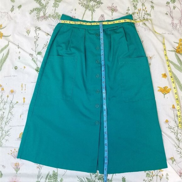 Vintage 1970s Teal A-Line Midi Skirt Button Front Large Pockets USA Made - Picture 5 of 11